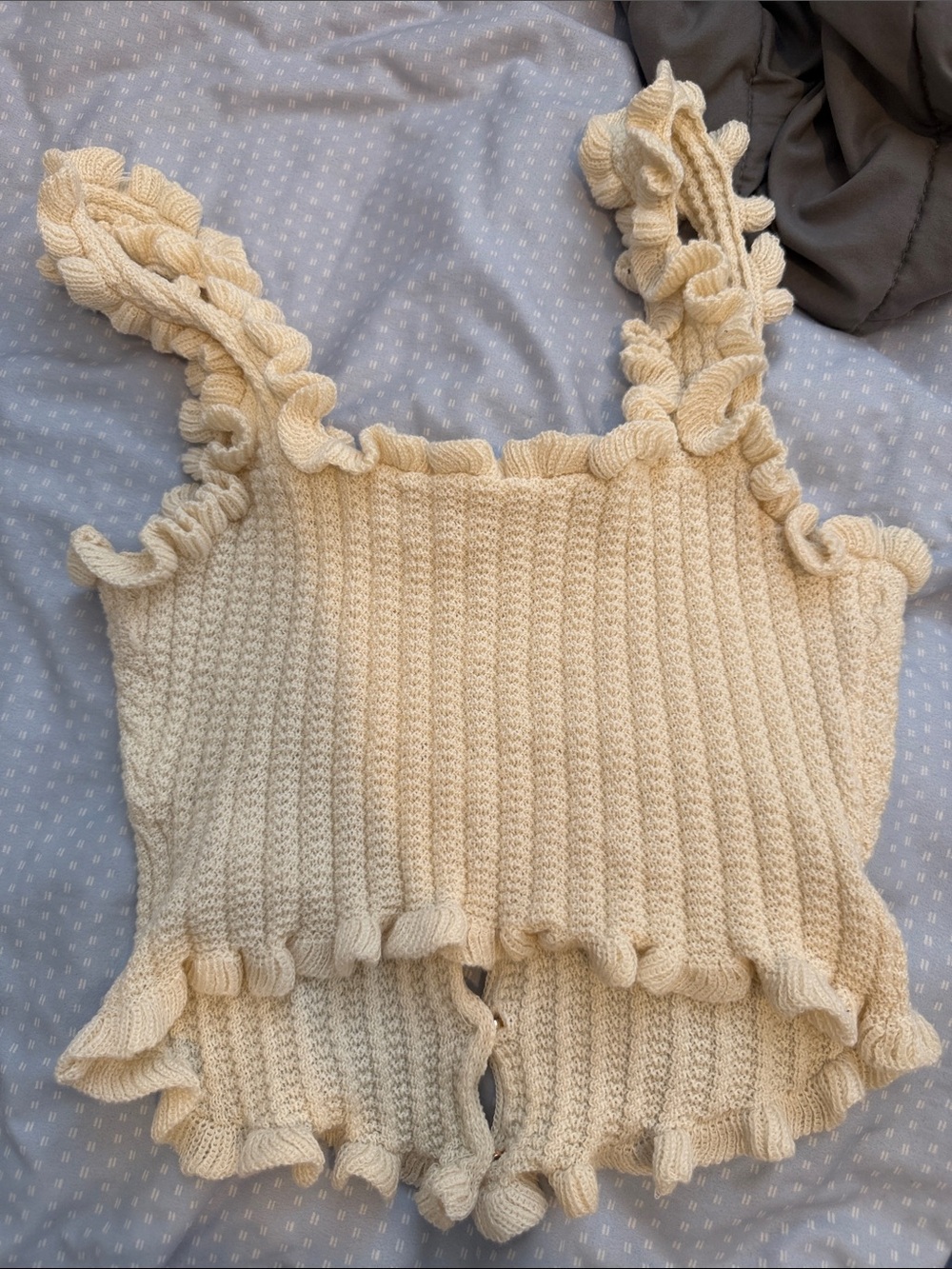 Cream Ruffle Knit Button Front Crop Top - Picture 2 of 2